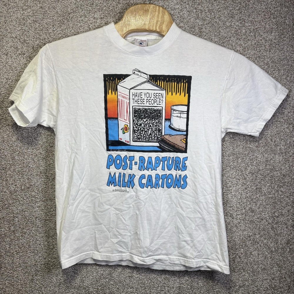 Vintage Delta Shirt Mens Large White Post-Rapture Milk Cartons Christian 90s